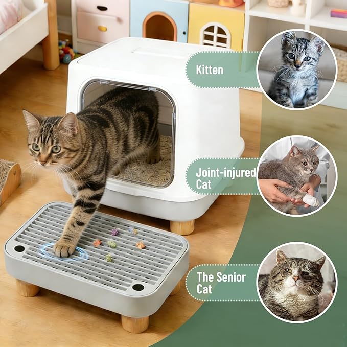 Litter Box Ramp, Cat Litter Catcher Mat with Wooden Feet, Filter Function, Litter Box Step for Small & Elderly Cats, Fits Automatic Litter Boxes (Light Grey)