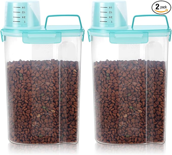 3-5Lbs Airtight Small Cat Dog Pet Food Storage Containers BPA Free, with Large Pour Spout/1 Measuring Cup/ 4 Safety Locks and Double-layer Silicone Strip (Clear Blue 2Pack)