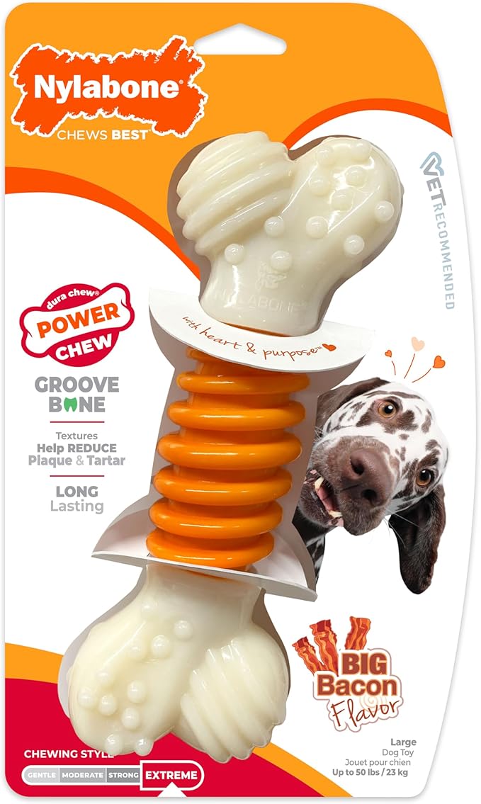 Nylabone PRO Action Dental Bone Power Chew Toy for Dogs, Dog Toys for Aggressive Chewers, Bacon Flavor, Large - Up to 50 lbs, 1 Count