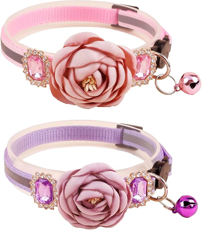 2 Pack Cat Collar Pink Floral with Bell and Removable Flower Bowtie Breakaway Adjustable Cat Collar for Girl Kitten Puppy Small Cats Dogs Daily Decoration (XQ9-4) (XQ9-5)