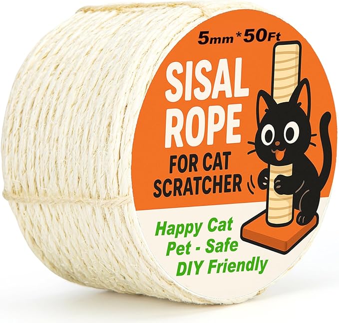 Natural Sisal Rope for Cat Scratcher Tree Thick 5-mm 1/5 Inch by 50 Feet, Cat Tower Climbing Twine for Cat Scratching Post Replacement, Scratch Post Repairing, Replace, Recovering and DIY, White