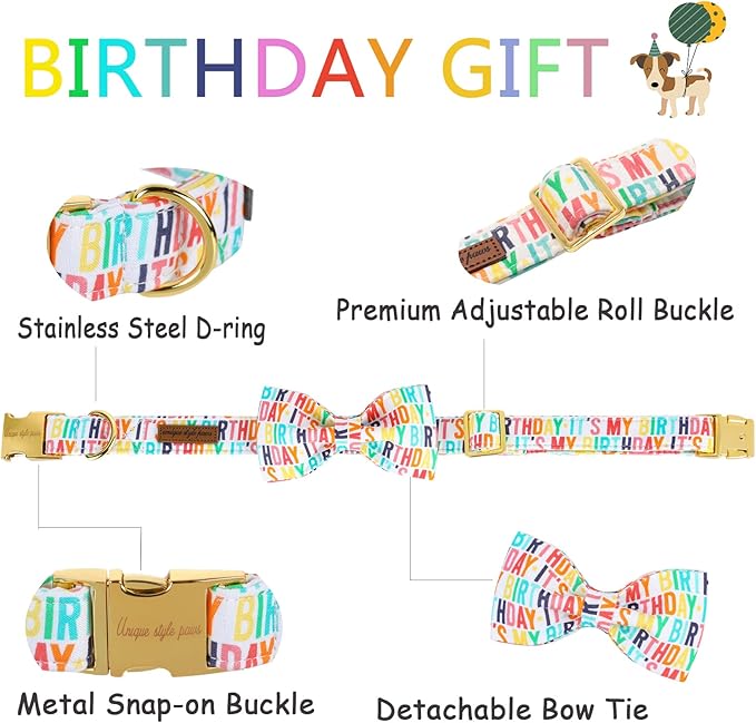 Unqiue Style Paws Birthday Dog Collar, Soft and Cute Dog Bow Tie, Durable Pet Collar with Bow Adjustable Bow Dog Collar for X-Large Dogs