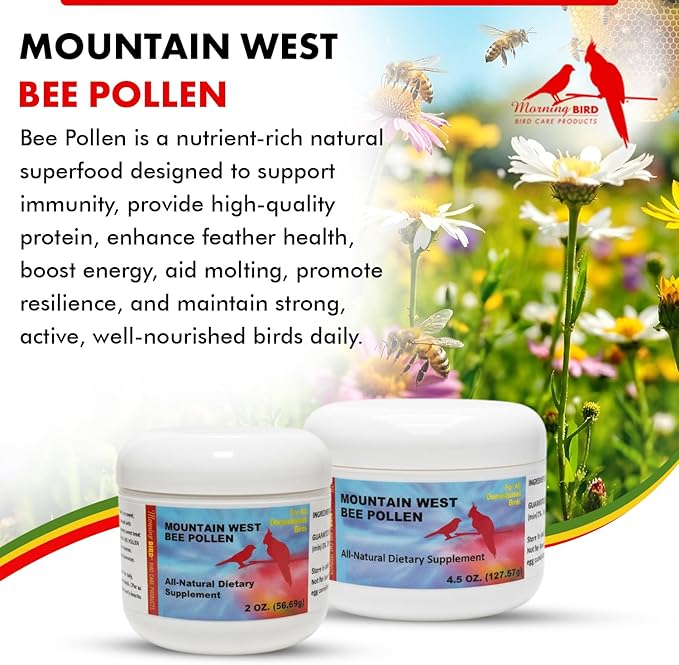 Morning Bird Mountain West Bee Pollen 2 oz – Natural Immune Support & Protein Powder for Birds – Boosts Strength, Feather Health & Energy – Easy to Mix with Food for All Bird Types