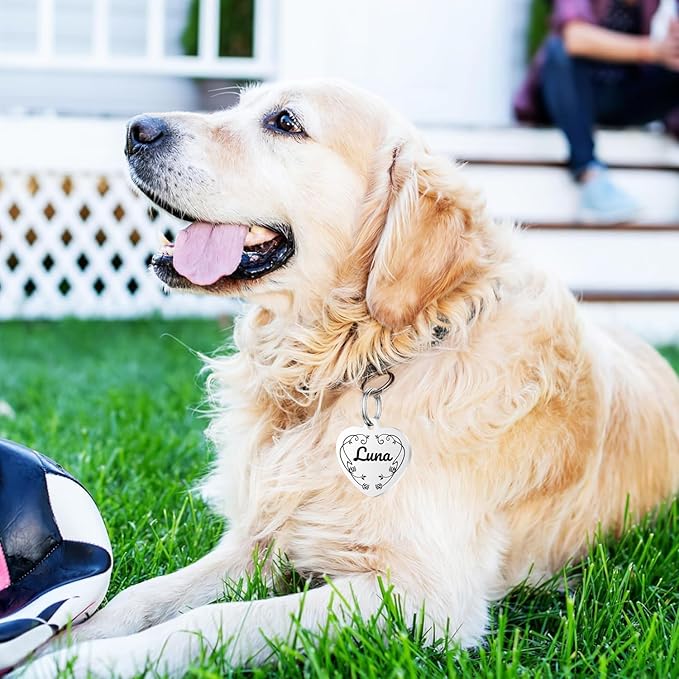 Personalized Dog Tags, Stainless Steel Pet Tags Personalized Cat, Collar Charm Engraved on Both Sides, up to 4 Lines of Custom Text, Multiple Patterns Colors Size Options (Flower, Large)