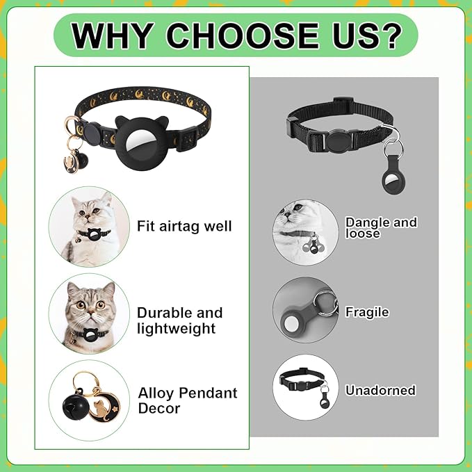 3 Pack Airtag Cat Collars Breakaway Moons Stars Cat Collars with Air Tag Holder and Bells Adjustable Safety Kitten Collars for Girl Boy Cats