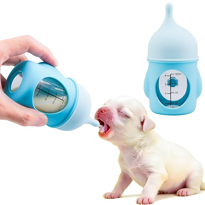 Puppy Nursing Bottle Medium/Large 80ml, Silicone Nipple Feeding Bottle for Newborn Puppies (2–6 Weeks), Blue