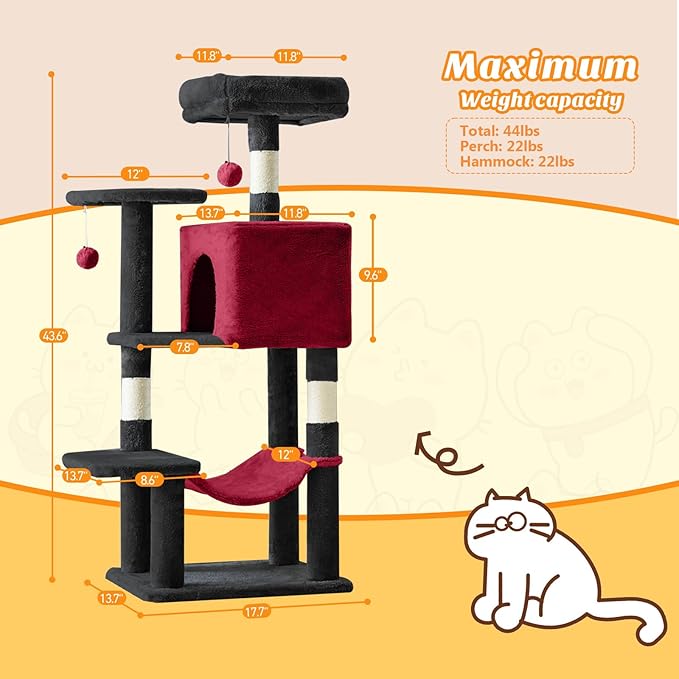 Sweetcrispy 44 inch Cat Tree Tower, Small Cat Climbing Tower with Condo, Natural Sisal Scratching Posts, Extended Platform, Hammock, Pet House for Indoor Cats and Kittens Play, Black and Red