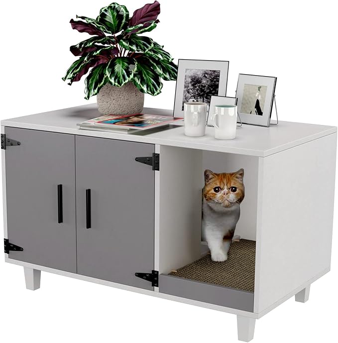 GDLF Modern Wood Pet Crate Cat Washroom Hidden Litter Box Enclosure Furniture House as Table Nightstand with Scratch Pad,Stackable (Gray & White)