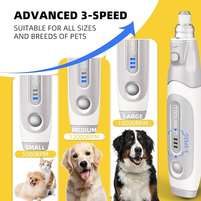 Dog Nail Grinder and Clippers - Upgraded 3-Speed Electric Rechargeable Pet Nail Trimmer with LED Light Super Quiet Paws Grooming Kit Painless Grinding Tool for Large Medium Small Dogs & Cats