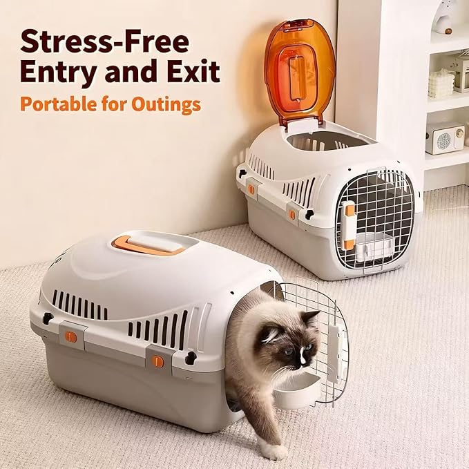 Hard Top Load Cat Carrier,Airline Pet Carrier,Cat Carrier Hard Shell, 360° Ventilation, Front Metal Door, Secure Latches,Includes Feather Wand,Hiking Car Travel Crate for Cats Small Dogs (Orange Set)