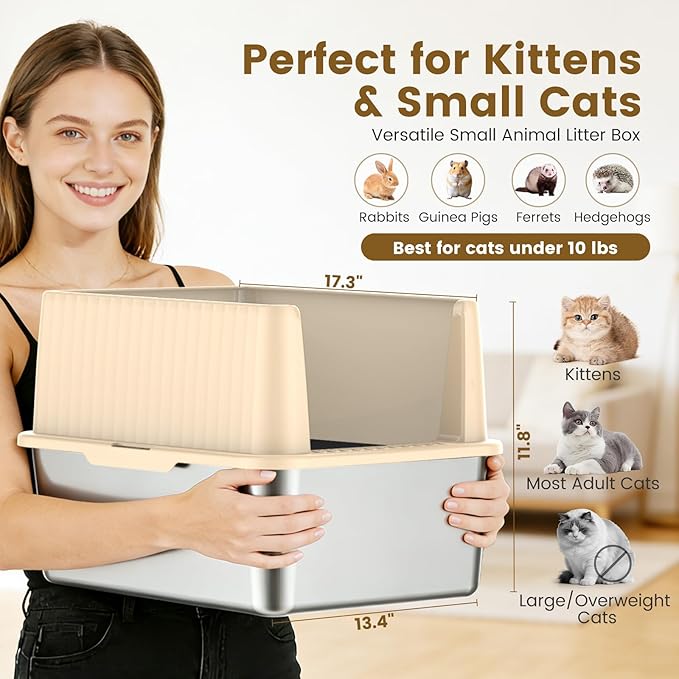Small Stainless Steel Cat Litter Box - 11.8" High Sided, Open-Top Design, Low Entry for Kittens & Small Cats, Anti-Leak & Easy to Clean, Compact Space-Saving Size(17.3" L x 13.4" W × 11.8" H)