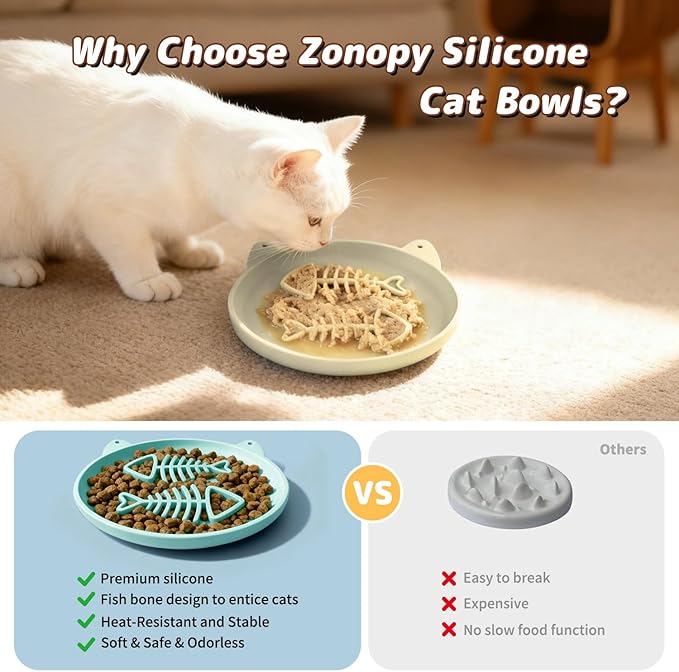 Slow Feeder Cat Bowl, 2 PCS Silicone Bowl, Cat Slow Feeder, Ideal for Dry and Wet Food, Easy to Clean, Interactive Puzzle Toy for Pets Food Training, Keeps Cats Busy, 6.69" W*0.65" H