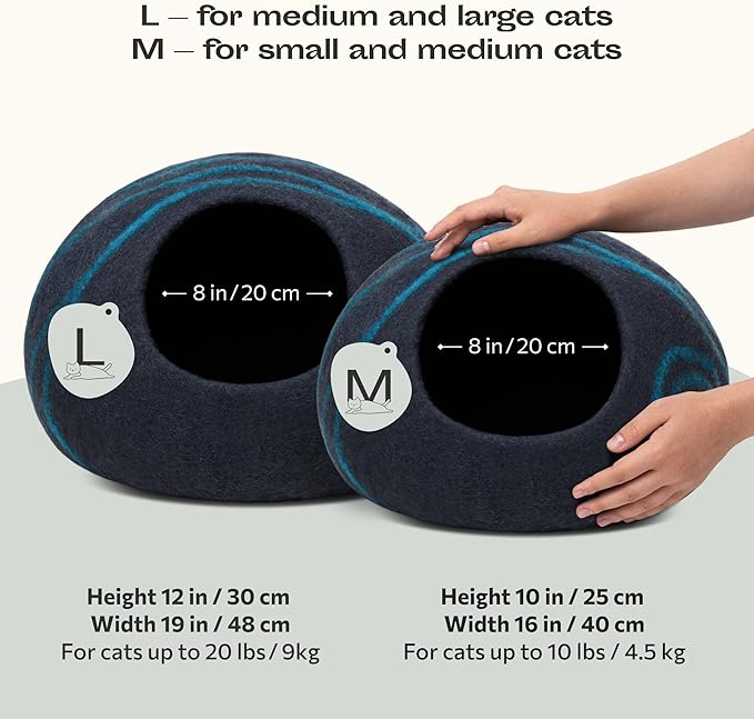 MEOWFIA Cat Cave – Premium Felt Cat Bed for Indoor Cats, Handmade Merino Wool (Black Aqua, Large)