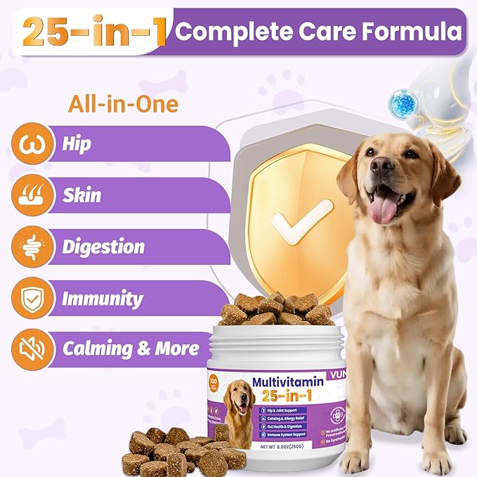 Dog Multivitamin 25 in 1 Dogs Vitamins Supplements Treats Chewable for Pet Omega-3 Glucosamine Vitamin for Puppy Supplies Skin Coat, Heart, Hips & Joints, Digestion & Immune System 100pcs