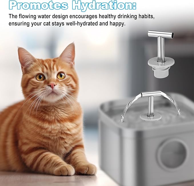 Cat Water Fountain Spout and Holder, Stainless Steel T-Shaped Kitty Drinking Fountain Accessories for Pet Cats and Dogs Compatible with 3.2L/108oz Pet Water Dispenser