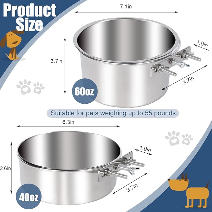 Dog Crate Water Bowl No Spill, 2 Pack Stainless Steel Large Dog Bowls, Hanging Dogs Kennel Water and Food Bowls for Crate Cage，Metal Feeder Dish Coop Cup for Medium Large Dogs Pets
