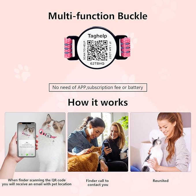 Reflective Cat Collar Personalized with Name ID Tag and Bell. QR Code Name Tag, Cat Smart ID Tag Breakaway.Ultra-Durable, Adjustable, Quick Release, Fits Most Cats (Pink)