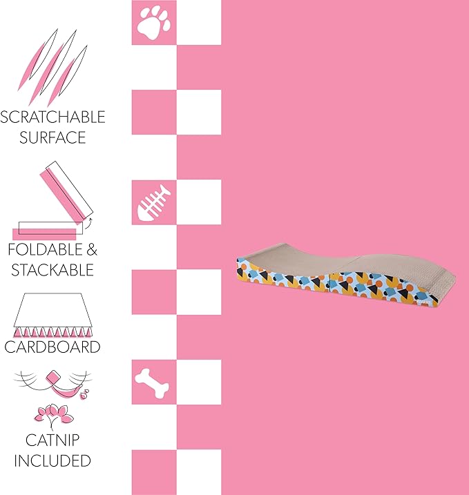 CSR1011A Eero 32" Modern Cardboard Foldable Lounge Cat Scratcher with Catnip, Blue/Orange