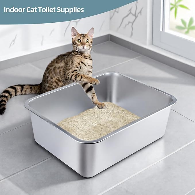 Stainless Steel Cat Litter Box - Large Metal High-Sided Pan for Cats, Pets, Non-Stick, Odor-Free, Easy to Clean, Splash-Proof, Durable ((2 Pack) 17.7" L x 13.8" W x 6" H)