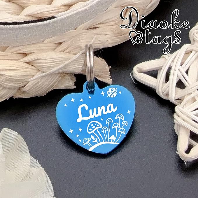 Personalized Dog Tags, Stainless Steel Pet Tags Personalized Cat, Collar Charm Engraved on Both Sides, up to 4 Lines of Custom Text, Multiple Patterns Colors Size Options (Mushroom, Large)