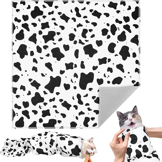 27.6" Cat Grooming Wrap for Cutting Nails, Cow Pattern Self-Adherent Fabric Wrap for Cats, Anti-Scratch Anti-Escape Multifunctional Cat Swaddle Tool for Teeth Brushing, Ear Cleaning