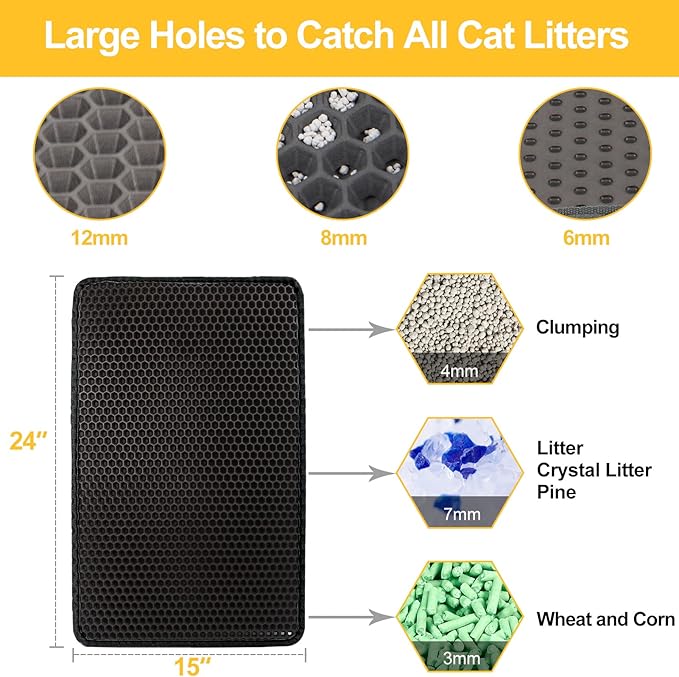 LeToo Cat Litter Mat Black Trapping for Litter Box, No Slip Large, Urine Waterproof, Honeycomb Double Layer Anti Tracking Kitty Mats, No Phthalate, Washable Easy Clean (24" x 15", Black)
