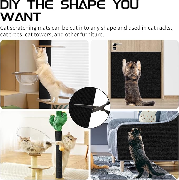 2 Pcs Total 78.7"x15.8" Cat Scratch Mat, Cat Scratch Couch Furniture Protector, Trimmable Self-Adhesive Cats Scratch Pads, DIY Cat Scratcher for Wall Protector and Covering Cat Tower (Black)
