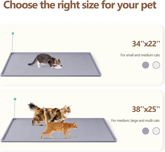 Large Cat Litter Mat with Toy Ball, 34'' x 22'' Silicone Cat Litter Trapping Mat for Scatter Control, Soft on Kitty Paws, Easy to Clean (Light Grey)
