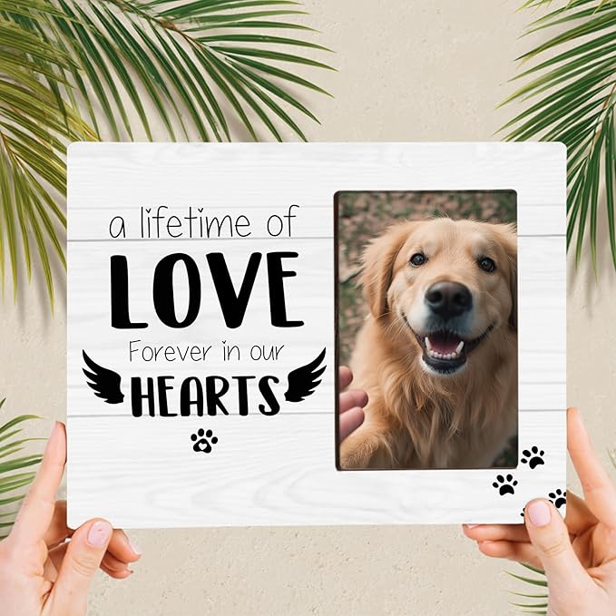 Pet Memorial Gifts for Loss of Pet, Forever In Our Heart, Dog Cat Memorial Wooden Picture Frame Sympathy Gifts, Fits 4x6 Photo Frame