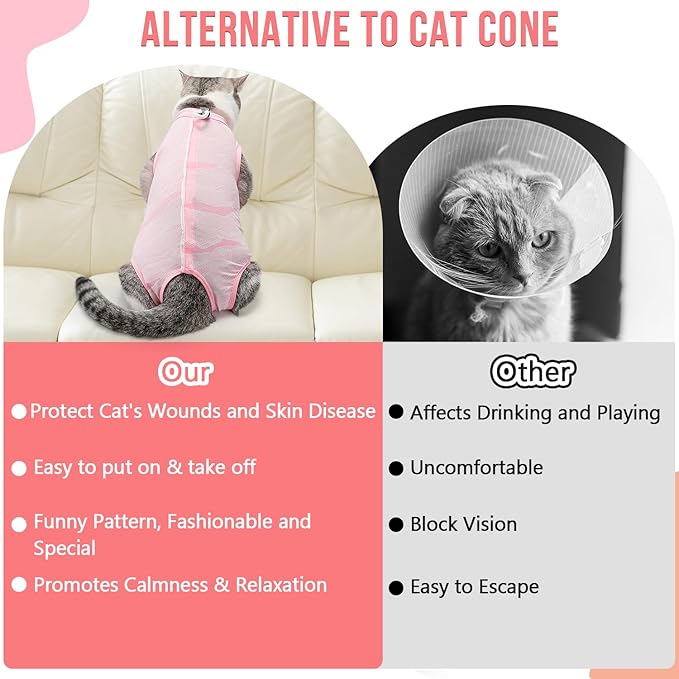 SlowTon Cat Recovery Suit - Cat Onesie for Cats After Surgery Female Male, Kitten Clothes Surgical Spay Suit Abdominal Wounds, E-Collar Alternative Cats Bodysuit Anti-Licking (Light Pink, S)