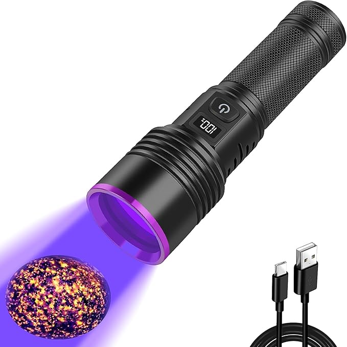 WINDFIRE 365nm UV Flashlight, Rechargeable Blacklight Flashlights with LCD Display, Powerful Black Light for Pet Urine Detection, Scorpions, Resin Curing, Blood Tracking, Uranium Glass, AC Leak