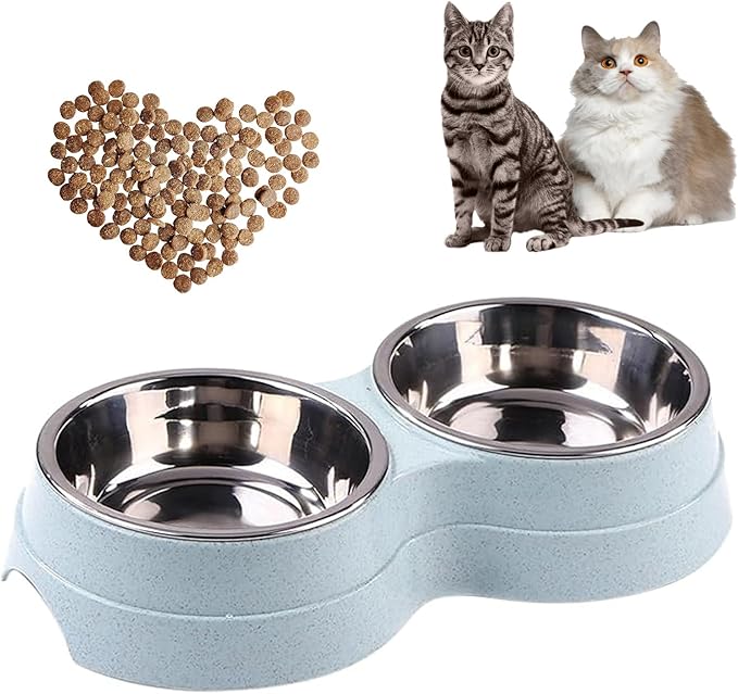 Double Cat Food Bowl -Stainless Steel Bowls with Easy-to-Clean Detachable Design, Non-Slip Base, Pet Feeder for Kittens and Medium Cats (Blue)