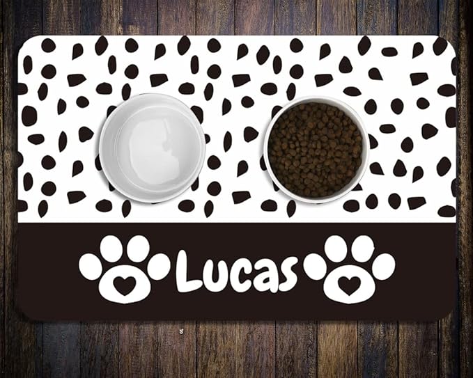 Personalized Dog Cat Food Mat PU Non-Slip at The Bottom Dog Bowl Mat Dog Mat for Food and Water Custom Pet Dog Food Mats for Floors Waterproof (Black paw Prints)