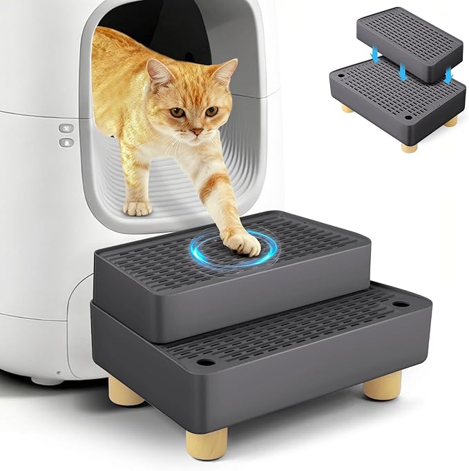 Extra Large 2 Steps Cat Litter Box Step Ramp, Cat Litter Catcher Mat with Wooden Feet, Filter Function, Cat's Pedal Stool for Self-Cleaning Litter, Suitable Kitten & Elderly Cats (Dark Grey)