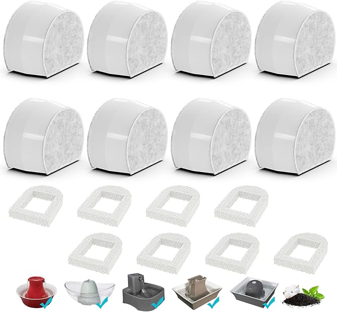 Cat Water Fountain Filter, Pet Fountain Filter Replacement Compatible with PetSafe Drinkwell Avalon Pagoda Seascape Seaside Pet Dog Cat Water Fountain (C. 8 Filters+8 Sponges)