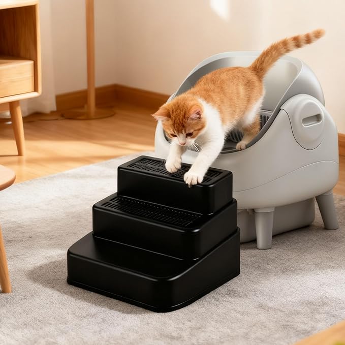 Adjustable 3 Steps Cat Litter Box Ramp with Detachable Litter Trapper, Non-Slip Anti-Tracking Easy Clean Cat Steps for Small & Elderly Cats, Fits Automatic Litter Boxes (Black)