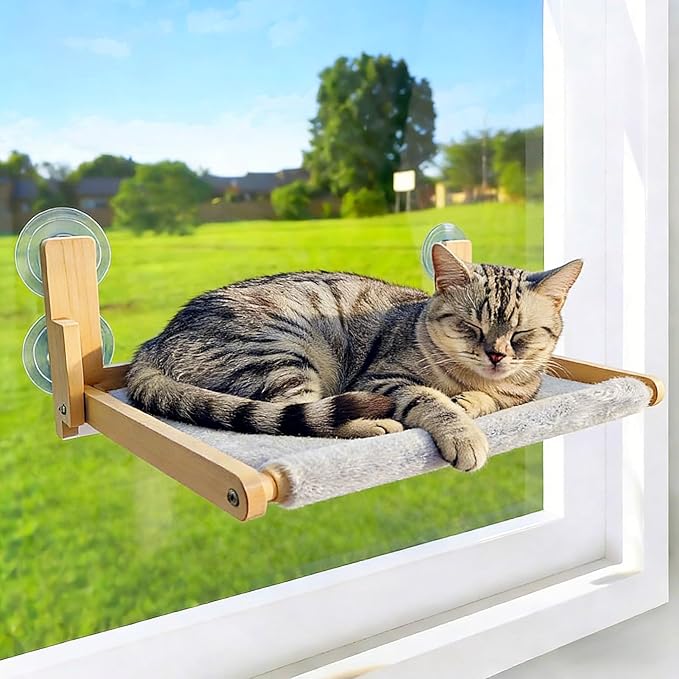 Foldable Cat Window Perch, Natural Wood, 16.5''×12'' Hammock, 35 lbs Weight Limit, Cat Window Hammock for Small Size Windows