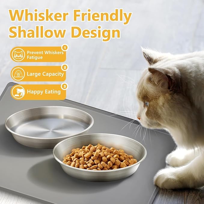 6-Pack Stainless Steel Cat Food Bowls, Shallow Whisker-Friendly Non-Slip Silicone Base Metal Dishes, Easy to Clean Indoor Water Flat Plates for Cat, Kitten, Small Dog (5.9")