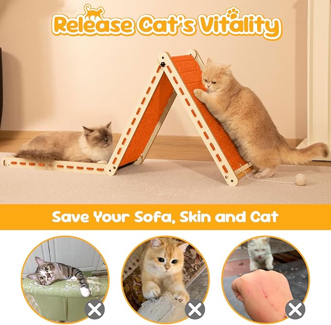 Cat Scratcher with Ball Toy Foldable Cat Scratch Pad Felt Triangle Scratchers for Indoor Cats Large Cat Scratching Board Mat Cats Scratch Furniture Protector Kitten Toys Orange