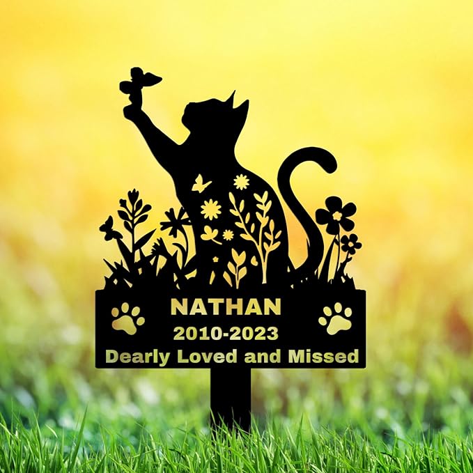Custom Flowers Cat Memorial Grave Marker, Personalized Butterfly Cat Metal Memorial Stake Outdoor Grave Marker, Customized Pet Garden Marker Loss of Cat Sympathy Gift Memorial Plaque