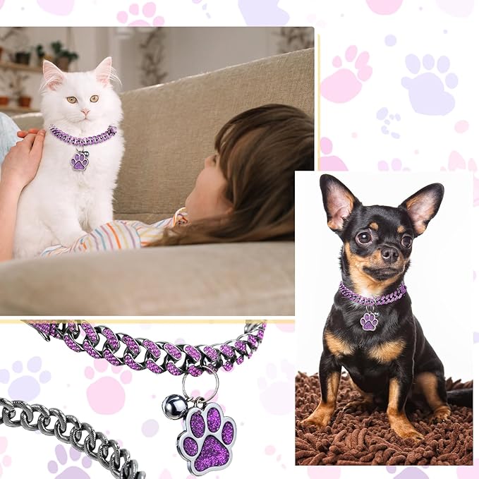 Hillban Cat Collar Diamond Chain Glitter Collar Walking Metal with Secure Buckle Cat Pet Necklace with Paw Charm and ID Tag Bell Link Cuban Jewelry Accessories Gift(8 Inch,Steel Black, Purple)