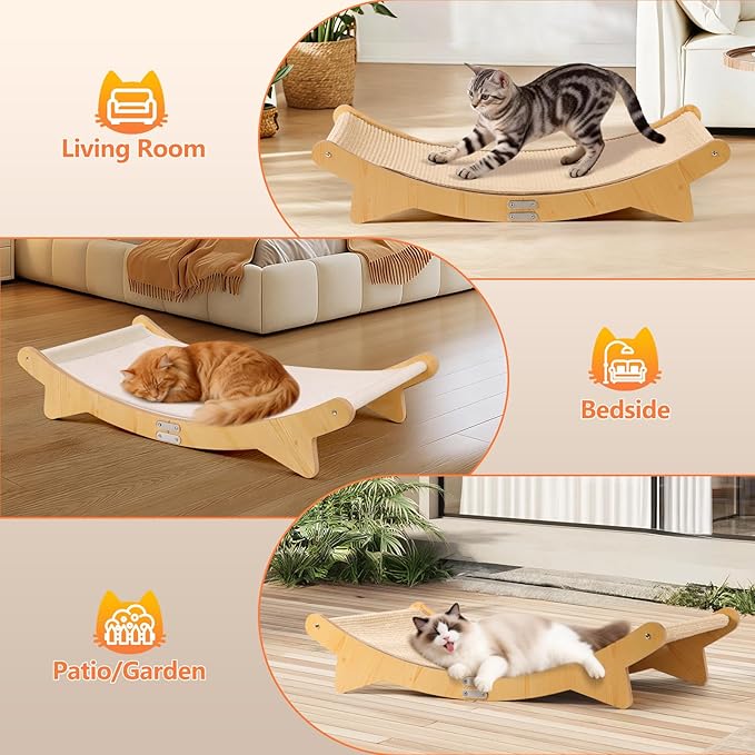 Extra Large Cat Scratcher Bed for Indoor Cats, Cats Scratcher Sofa with Sisal Scratch Mat & Soft Washable Mat, Wooden Cat Furniture Hammock Lounger for Lounge, Sleep, Scratch