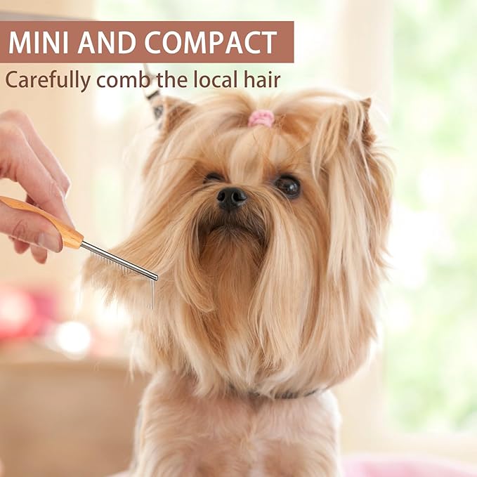 Small Dog Comb with Wooden Handle Dog Eyes&Mouth&Face Metal Comb Pet Fine Tooth Flea Comb Pet Grooming Tool for Dogs and Cats Gentle Remove Loose Hair Dirt Fleas