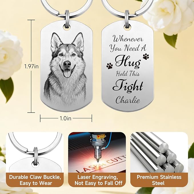 Custom Dog or Cat Portrait Keychain, Personalized Photo Engraved Keychains with Name, Customized Pet Memorial Gifts for Loss of Pets (Dog Tag – Memorial Style)