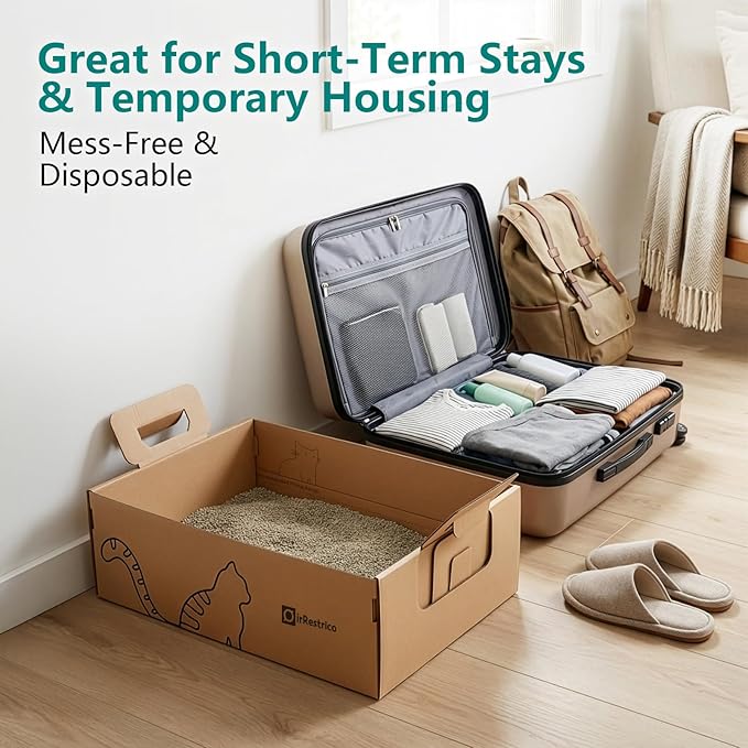 6-Pack Large Disposable Cat Litter Box, Recyclable Cardboard, Waterproof & Leak-Resistant, Portable for Travel, Temporary and Home Use