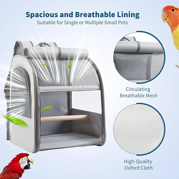 PETCUTE Bird Carrier Backpack,Breathable & Portable,Pet Travel Cage with Upgraded Tray and Standing Perches,Lightweight Foldable Birds Travel Cage for Hiking Camping,for Small Birds, Green Cheek