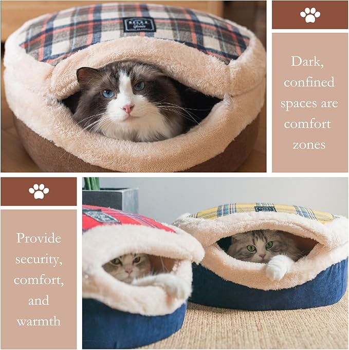 Cat Cave Bed – Enclosed Self Warming Hideaway with Detachable Lid & Mat, Covered House for Indoor Kitten & Kitty (Redwhite)