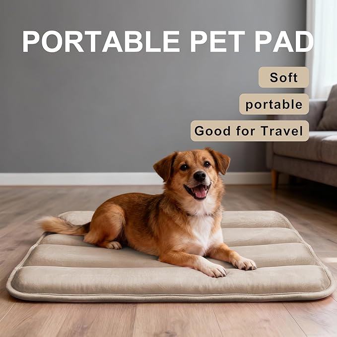 Dog Bed Mat, Reversible Dog Crate Pad with Washable Kennel Mat and Soft Foam, Flat Pet Bed for Dogs & Cats, for Crates Carriers & Travel (Light Brown, 34" L*20" W*1.5" Th)