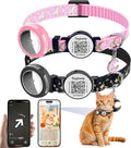 2-Pack Waterproof Breakaway Cat Collars with Moons & Stars Design - Adjustable Apple AirTag Holder & QR Code Safety Tracker for Cats & Kittens with Smart ID tag/NO APP(Black & Pink)