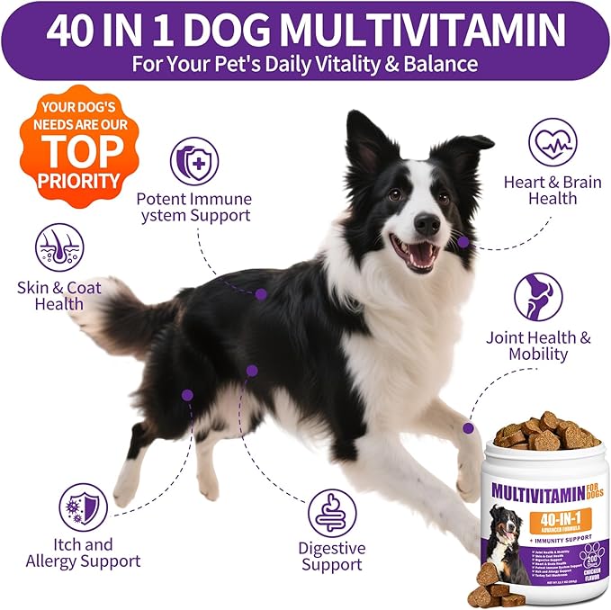 40 in 1 Dog Vitamins and Supplements 200Ct Dog Multivitamin Chewable, Immunity Support Multivitamin Vitamins with Turkey Tail Mushroom, Skin & Coat, Mobility, Gut & Heart Health, Hip & Joint Support